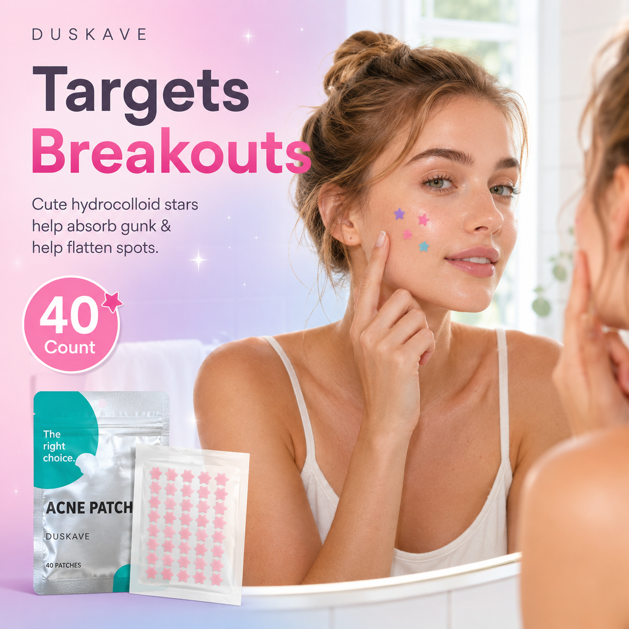 🌟 Duskave™ Colorful Star Pimple Patches – Cute Hydrocolloid Spot Care That Absorbs Gunk & Helps Flatten Breakouts – 40 Count