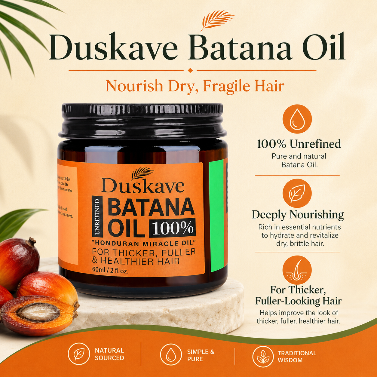 Duskave 100% Pure Honduran Batana Oil – Unrefined Hair Treatment for Fuller, Healthier-Looking Hair