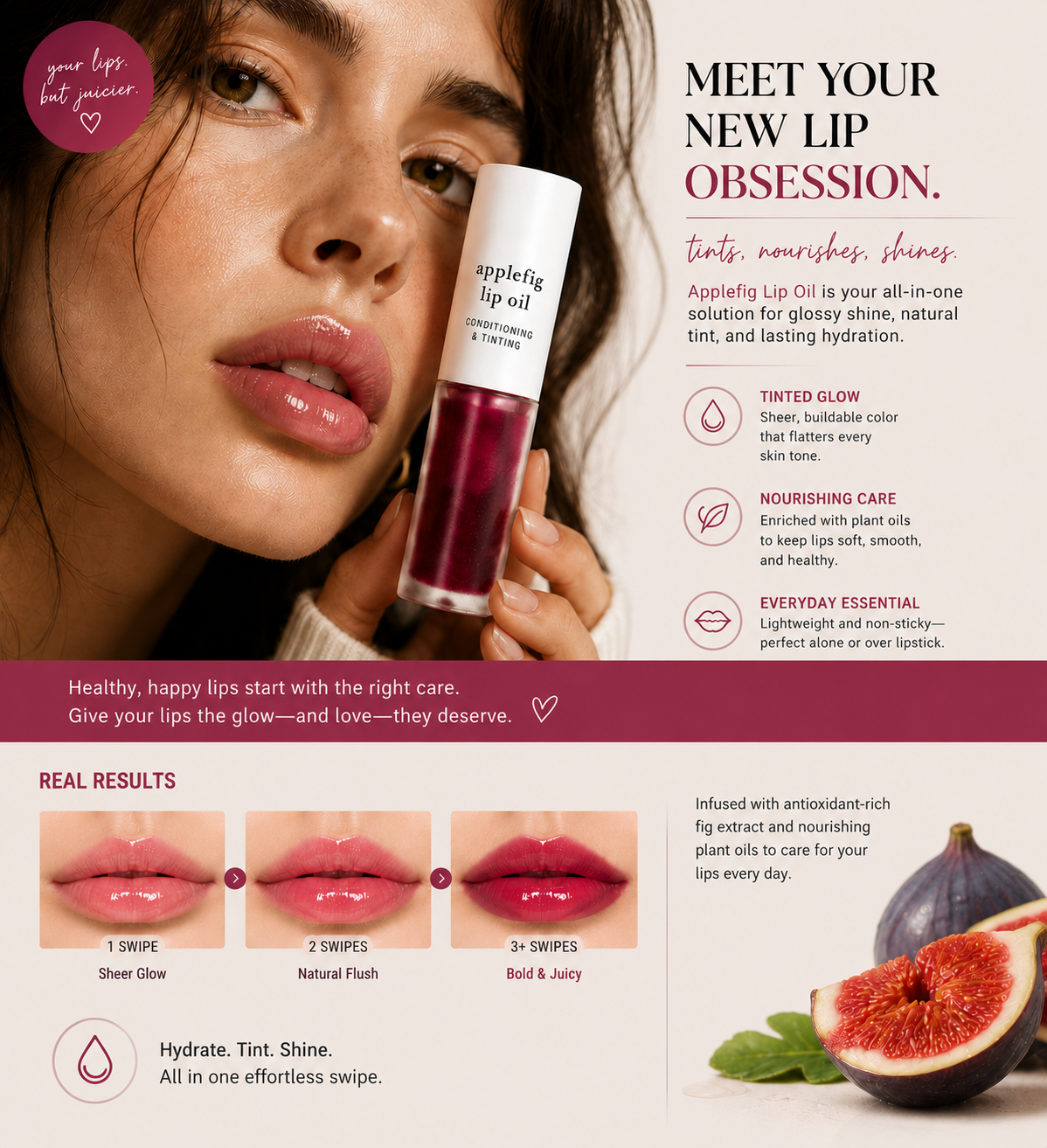 Apple Lip Oil Gloss – Plumping Hydration Lip Gloss, Non-Sticky Glass Shine, Long Lasting Moisturized Lips